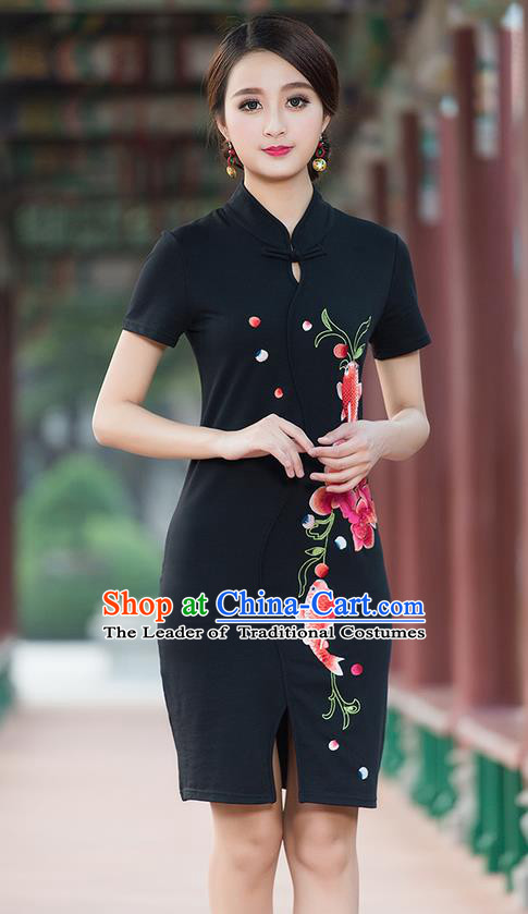 Traditional Ancient Chinese National Costume, Elegant Hanfu Stand Collar Mandarin Qipao Embroidered Black Short Dress, China Tang Suit Cheongsam Upper Outer Garment Elegant Dress Clothing for Women