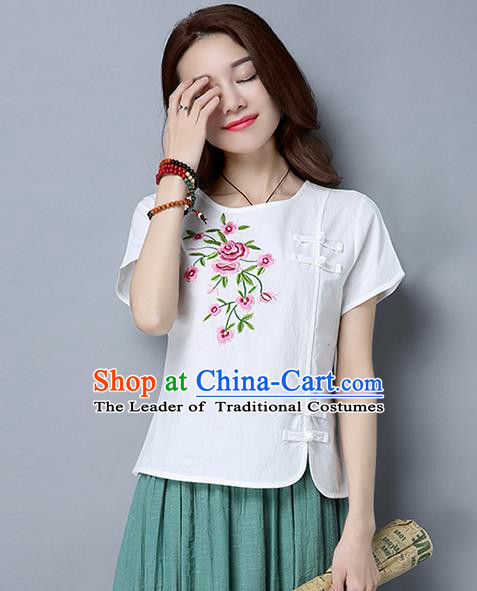 Traditional Chinese National Costume, Elegant Hanfu Embroidery Flowers Slant Opening White T-Shirt, China Tang Suit Republic of China Plated Buttons Blouse Cheongsam Upper Outer Garment Qipao Shirts Clothing for Women