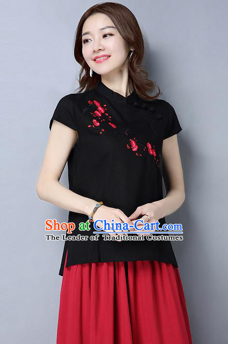 Traditional Chinese National Costume, Elegant Hanfu Embroidery Flowers Slant Opening Black T-Shirt, China Tang Suit Republic of China Plated Buttons Blouse Cheongsam Upper Outer Garment Qipao Shirts Clothing for Women