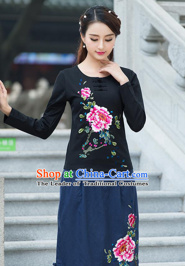 Traditional Chinese National Costume, Elegant Hanfu Embroidery Flowers Mandatin Collar Black T-Shirt, China Tang Suit Plated Buttons Blouse Cheongsam Upper Outer Garment Qipao Shirts Clothing for Women