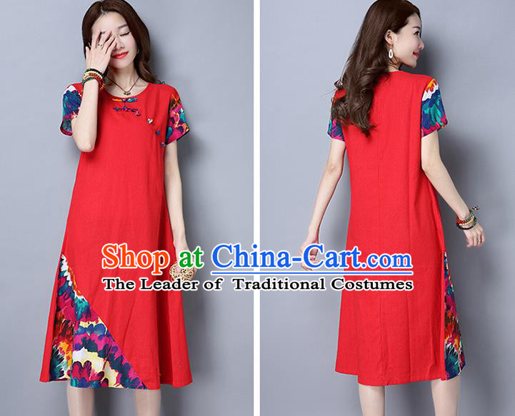 Traditional Ancient Chinese National Costume, Elegant Hanfu Mandarin Qipao Printing Red Dress, China Tang Suit Chirpaur Republic of China Cheongsam Upper Outer Garment Elegant Dress Clothing for Women