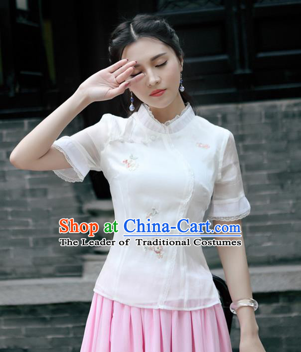 Traditional Chinese National Costume, Elegant Hanfu Embroidery Flowers Stand Collar Shirt, China Tang Suit Republic of China Plated Buttons Blouse Cheongsam Upper Outer Garment Qipao Shirts Clothing for Women