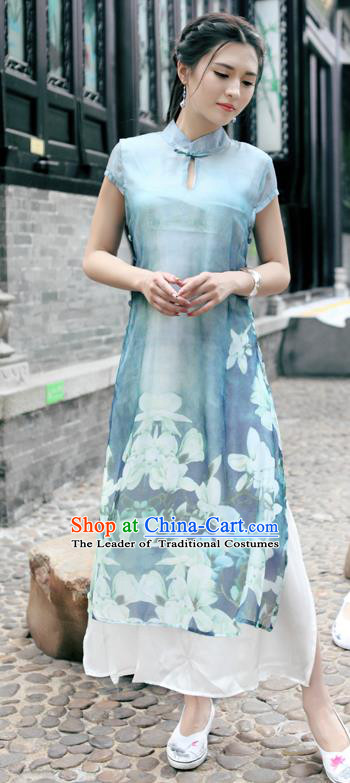 Traditional Ancient Chinese National Costume, Elegant Hanfu Mandarin Qipao Silk Ink Painting Peacock Blue Dress, China Tang Suit Chirpaur Republic of China Cheongsam Upper Outer Garment Elegant Dress Clothing for Women