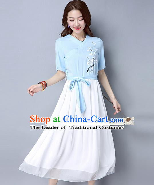 Traditional Ancient Chinese National Costume, Elegant Hanfu Embroidery Blue Dress, China Tang Suit Republic of China Upper Outer Garment Elegant Dress Clothing for Women