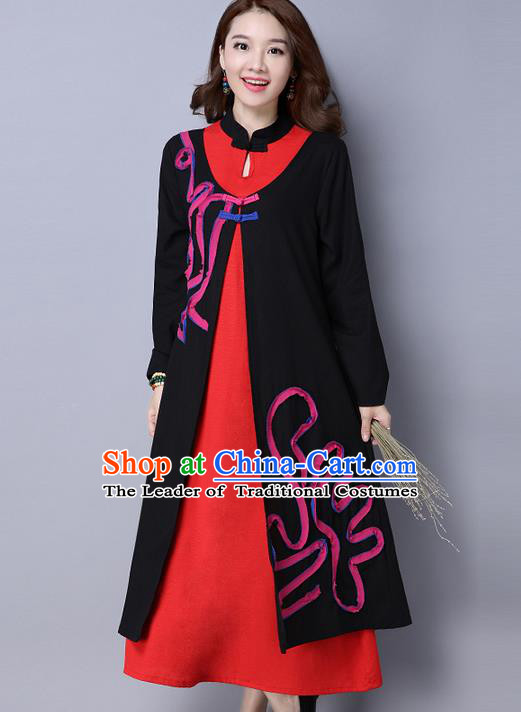 Traditional Ancient Chinese National Costume, Elegant Hanfu Mandarin Qipao Linen Contrast Color Dress, China Tang Suit Chirpaur Republic of China Stand Collar Cheongsam Upper Outer Garment Elegant Dress Clothing for Women