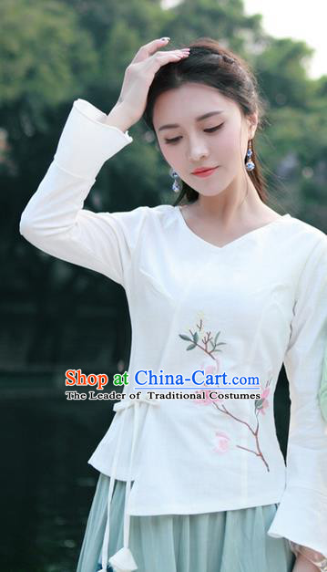 Traditional Chinese National Costume, Elegant Hanfu Slant Opening Print Peach Blossom White Shirt, China Tang Suit Republic of China Blouse Cheongsam Upper Outer Garment Qipao Shirts Clothing for Women