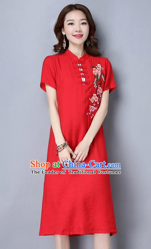 Traditional Ancient Chinese National Costume, Elegant Hanfu Mandarin Qipao Embroidered Peach Blossom Red Dress, China Tang Suit Stand Collar Chirpaur Republic of China Cheongsam Upper Outer Garment Elegant Dress Clothing for Women