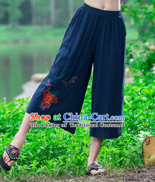 Traditional Chinese National Costume Loose Pants, Elegant Hanfu Embroidered Butterfly Navy Wide-leg Trousers, China Ethnic Minorities Folk Dance Baggy Pants for Women