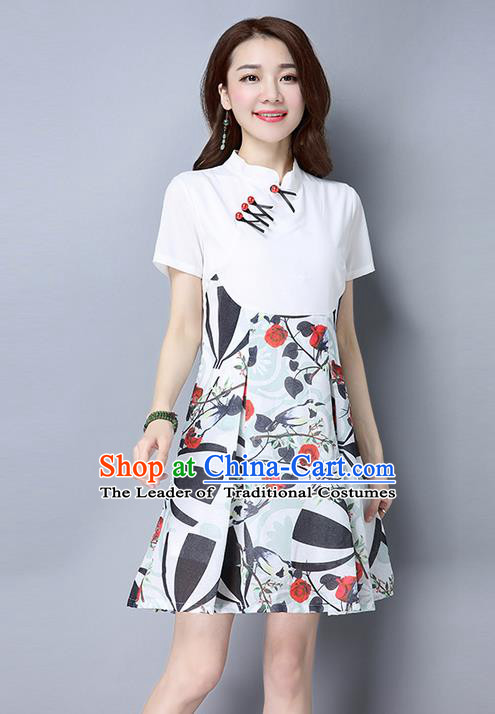 Traditional Ancient Chinese National Costume, Elegant Hanfu Mandarin Collar Stitching Color Matching White Dress, China Cheongsam Upper Outer Garment Elegant Dress Clothing for Women