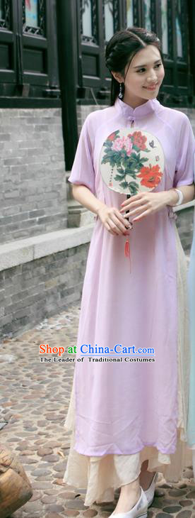 Traditional Ancient Chinese National Costume, Elegant Hanfu Mandarin Qipao Linen Pink Dress, China Tang Suit Chirpaur Republic of China Cheongsam Upper Outer Garment Elegant Dress Clothing for Women