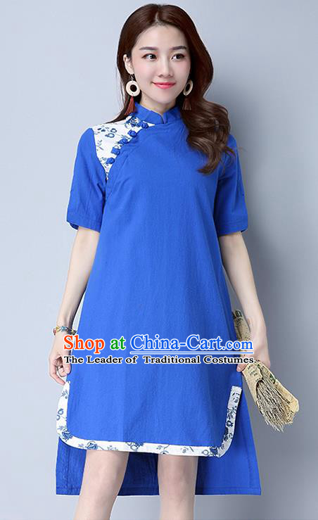 Traditional Ancient Chinese National Costume, Elegant Hanfu Mandarin Qipao Linen Blue Dress, China Tang Suit Chirpaur Cheongsam Upper Outer Garment Elegant Dress Clothing for Women