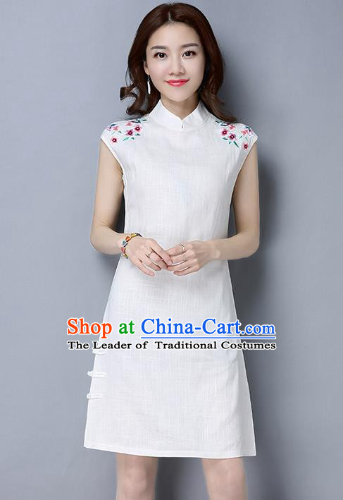 Traditional Ancient Chinese National Costume, Elegant Hanfu Mandarin Qipao Embroidery White Short Dress, China Tang Suit Chirpaur Republic of China Cheongsam Upper Outer Garment Elegant Dress Clothing for Women