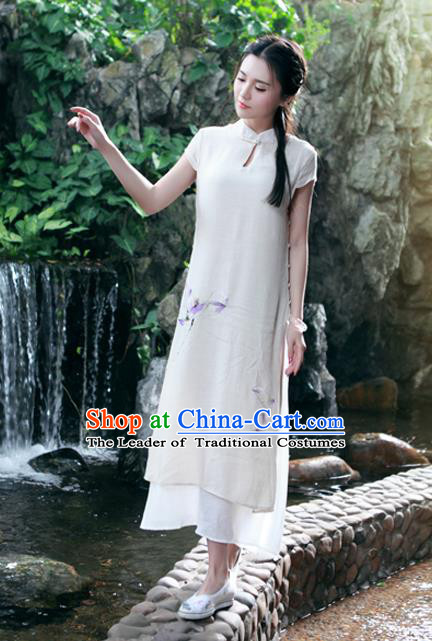 Traditional Ancient Chinese National Costume, Elegant Hanfu Mandarin Qipao Painting Lotus Apricot Dress, China Tang Suit Chirpaur Republic of China Cheongsam Upper Outer Garment Elegant Dress Clothing for Women