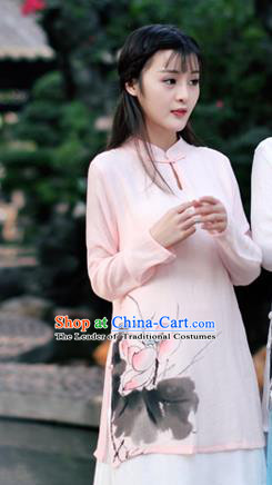 Traditional Chinese National Costume, Elegant Hanfu Ink Painting Lotus Flowers Stand Collar Pink Shirt, China Tang Suit Republic of China Plated Buttons Blouse Cheongsam Upper Outer Garment Qipao Shirts Clothing for Women