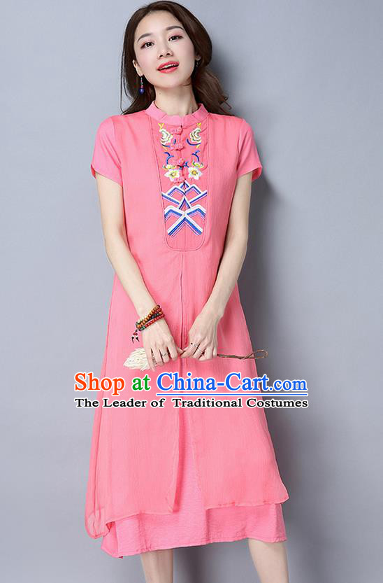 Traditional Ancient Chinese National Costume, Elegant Hanfu Mandarin Qipao Embroidery Stand Collar Pink Dress, China Tang Suit Chirpaur Republic of China Cheongsam Upper Outer Garment Elegant Dress Clothing for Women