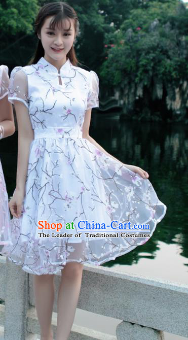 Traditional Ancient Chinese National Costume, Elegant Hanfu Mandarin Qipao Organza White Bubble Dress, China Tang Suit Chirpaur Republic of China Cheongsam Upper Outer Garment Elegant Dress Clothing for Women