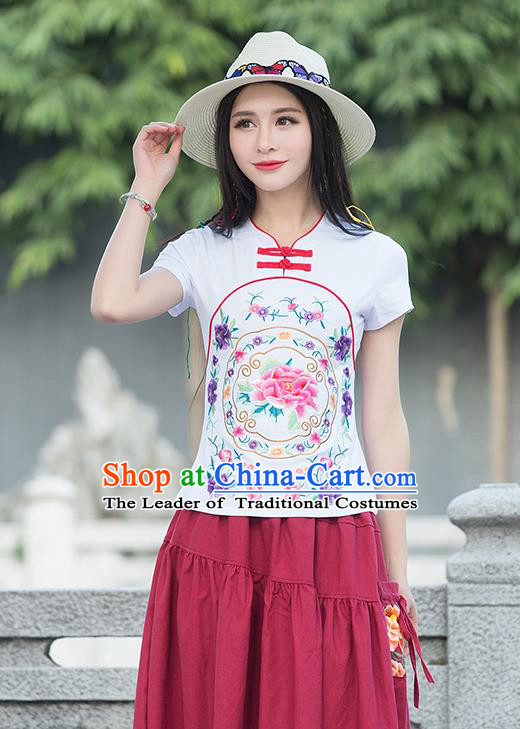 Traditional Chinese National Costume, Elegant Hanfu Embroidery Flowers White T-Shirt, China Tang Suit Republic of China Plated Buttons Blouse Cheongsam Upper Outer Garment Qipao Shirts Clothing for Women