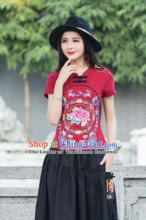 Traditional Chinese National Costume, Elegant Hanfu Embroidery Flowers Red T-Shirt, China Tang Suit Republic of China Plated Buttons Blouse Cheongsam Upper Outer Garment Qipao Shirts Clothing for Women