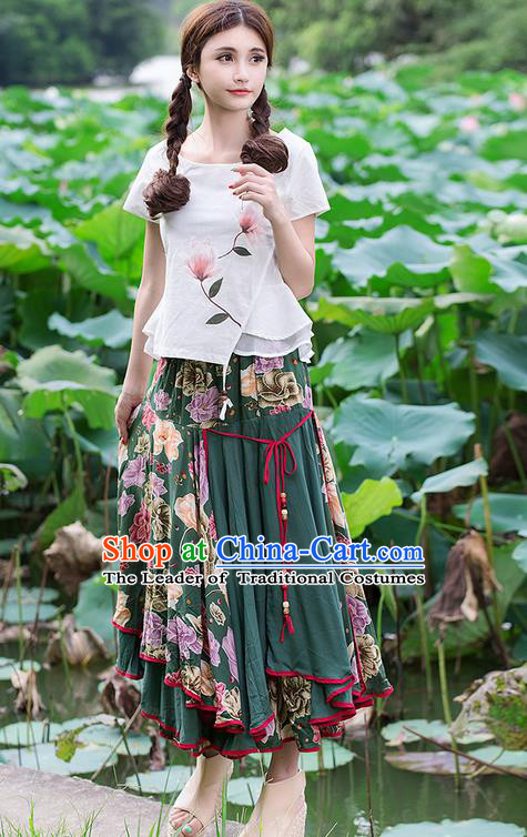 Traditional Ancient Chinese National Pleated Skirt Costume, Elegant Hanfu Big Swing Long Green Dress, China National Minority Bust Skirt for Women