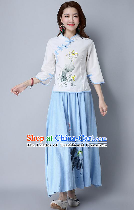 Traditional Chinese National Costume, Elegant Hanfu Painting Lotus Slant Opening Shirt, China Tang Suit Republic of China Plated Buttons Blouse Cheongsam Upper Outer Garment Qipao Shirts Clothing for Women