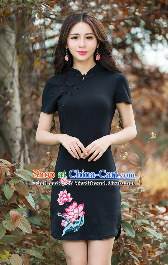 Traditional Ancient Chinese National Costume, Elegant Hanfu Slant Collar Mandarin Qipao Embroidery Black Dress, China Tang Suit Stand Collar Chirpaur Republic of China Cheongsam Upper Outer Garment Elegant Dress Clothing for Women