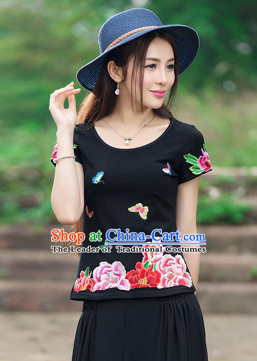 Traditional Chinese National Costume, Elegant Hanfu Embroidery Flowers Butterfly Black T-Shirt, China Tang Suit Republic of China Blouse Cheongsam Upper Outer Garment Qipao Shirts Clothing for Women