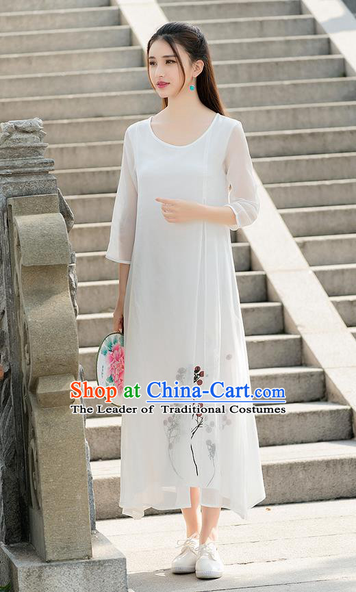 Traditional Ancient Chinese National Costume, Elegant Hanfu Printing Chiffon Long Dress, China Tang Suit Chirpaur Republic of China Cheongsam Upper Outer Garment Elegant Dress Clothing for Women