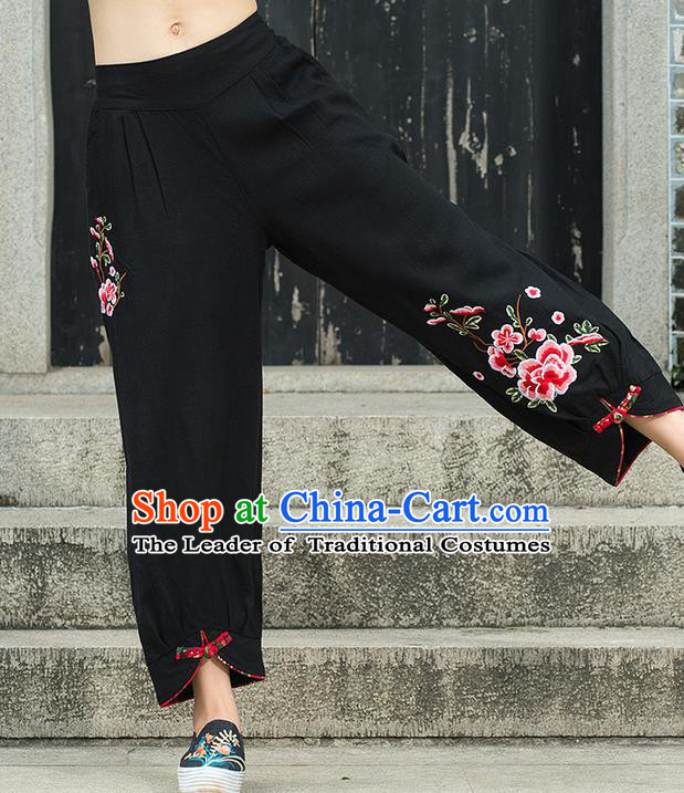 Traditional Chinese National Costume Loose Pants, Elegant Hanfu Embroidery Peony Black Bloomers, China Ethnic Minorities Folk Dance Tang Suit Pantalettes for Women