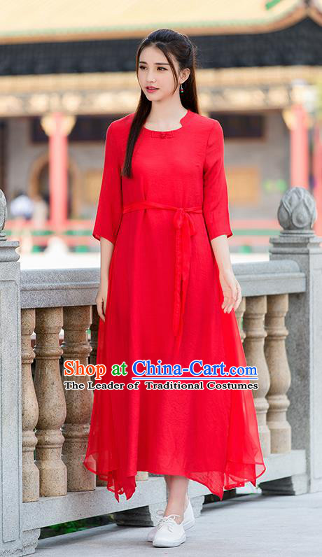 Traditional Ancient Chinese National Costume, Elegant Hanfu Mandarin Qipao Linen Red Dress, China Tang Suit Chirpaur Republic of China Cheongsam Upper Outer Garment Elegant Dress Clothing for Women