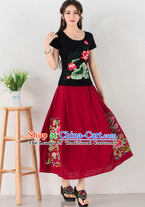 Traditional Ancient Chinese National Pleated Skirt Costume, Elegant Hanfu Embroidery Flowers Long Red Skirt, China Tang Dynasty Bust Skirt for Women