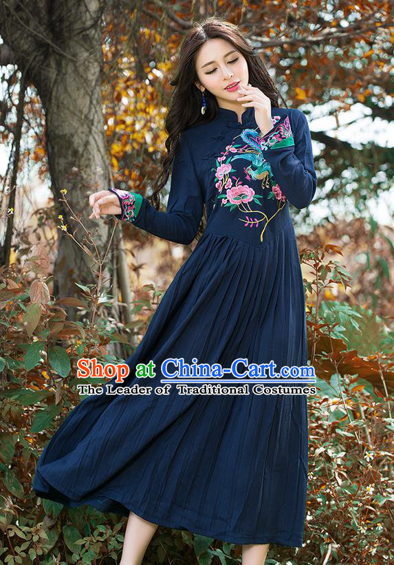 Traditional Ancient Chinese National Costume, Elegant Hanfu Mandarin Qipao Linen Embroidery Phoenix Navy Dress, China Tang Suit National Minority Dance Elegant Dress Clothing for Women