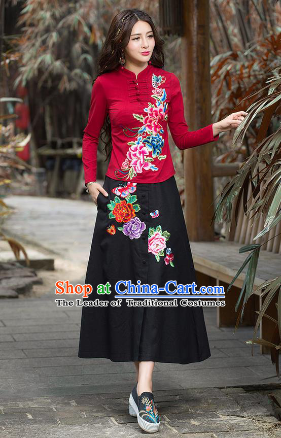 Traditional Ancient Chinese National Pleated Skirt Costume, Elegant Hanfu Embroidery Peony Flowers Long Black Skirt, China Tang Suit Bust Skirt for Women