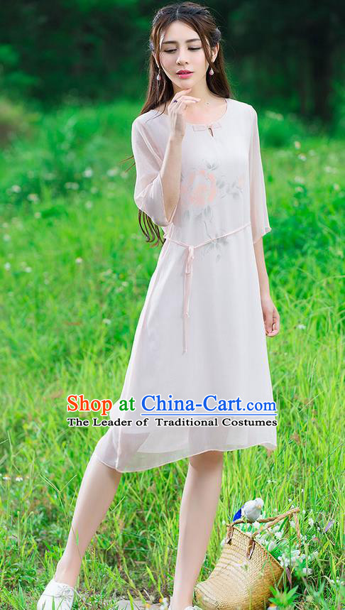 Traditional Ancient Chinese National Costume, Elegant Hanfu Mandarin Qipao Hand Painting Pink Dress, China Tang Suit National Minority Dance Chirpaur Republic of China Cheongsam Upper Outer Garment Elegant Dress Clothing for Women