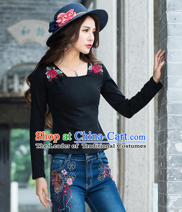 Traditional Chinese National Costume, Elegant Hanfu Embroidery Flowers Black T-Shirt, China Tang Suit Republic of China Plated Buttons Blouse Cheongsam Upper Outer Garment Qipao Shirts Clothing for Women