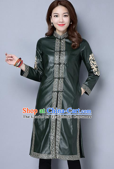 Traditional Ancient Chinese National Costume, Elegant Hanfu Stand Collar Green PU Coat Robes, China Tang Suit Plated Buttons Cape, Upper Outer Garment Dust Coat Clothing for Women