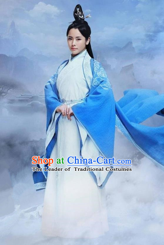 Traditional Ancient Chinese Elegant Swordsman Costume, Chinese Han Dynasty Taoist Nun Dress, Cosplay Chinese Television Drama Jade Dynasty Qing Yun Faction Peri Hanfu Trailing Embroidery Clothing for Women