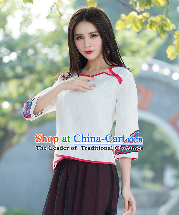 Traditional Chinese National Costume, Elegant Hanfu Embroidery Flowers White T-Shirt, China Tang Suit Republic of China Blouse Cheongsam Upper Outer Garment Qipao Shirts Clothing for Women