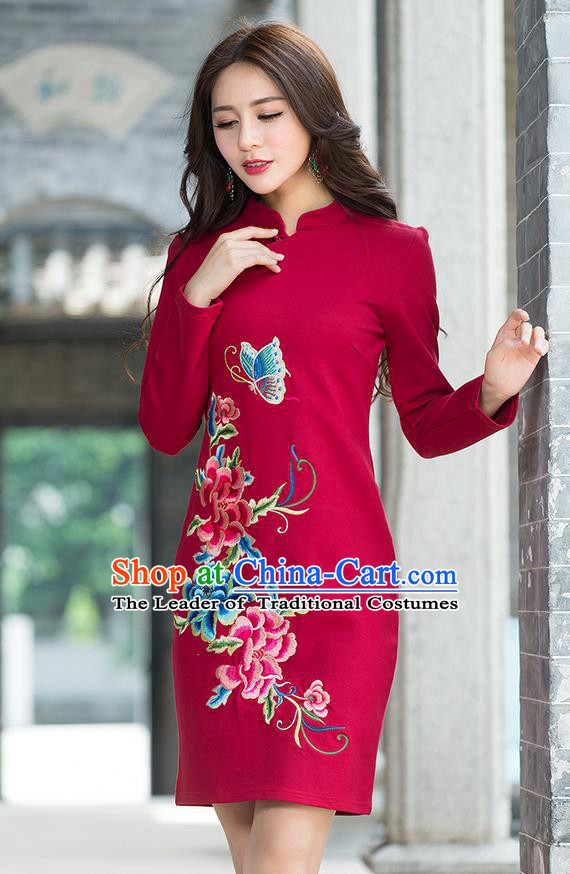 Traditional Ancient Chinese National Costume, Elegant Hanfu Mandarin Qipao Embroidery Flowers Red Dress, China Tang Suit Chirpaur Republic of China Stand Collar Cheongsam Elegant Dress Clothing for Women