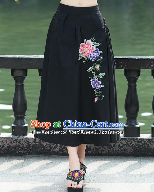 Traditional Ancient Chinese National Pleated Skirt Costume, Elegant Hanfu Embroidery Peony Flowers Long Black Linen Skirt, China Tang Suit Bust Skirt for Women