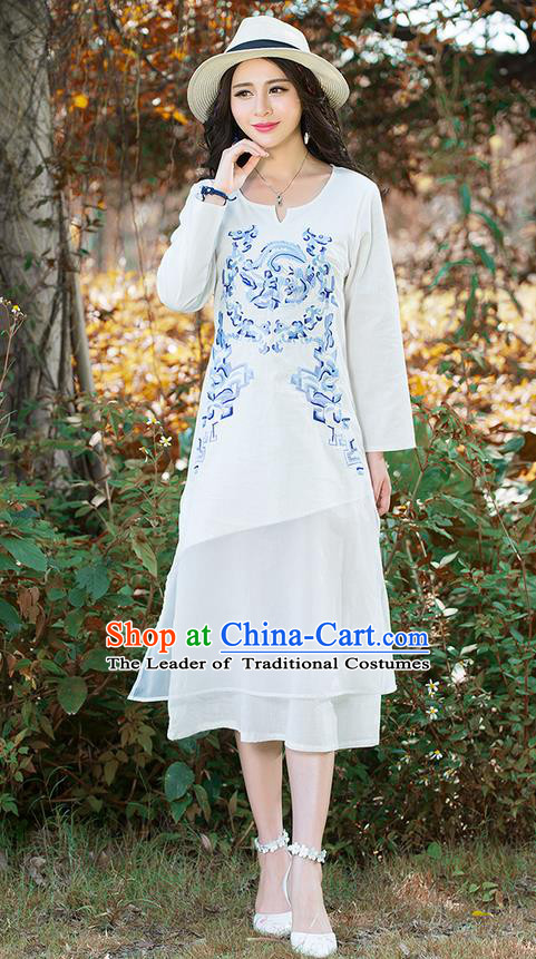 Traditional Ancient Chinese National Costume, Elegant Hanfu Mandarin Qipao Embroidery Dragon and Phoenix Totem White Dress, China Tang Suit Chirpaur Republic of China Cheongsam Upper Outer Garment Elegant Dress Clothing for Women