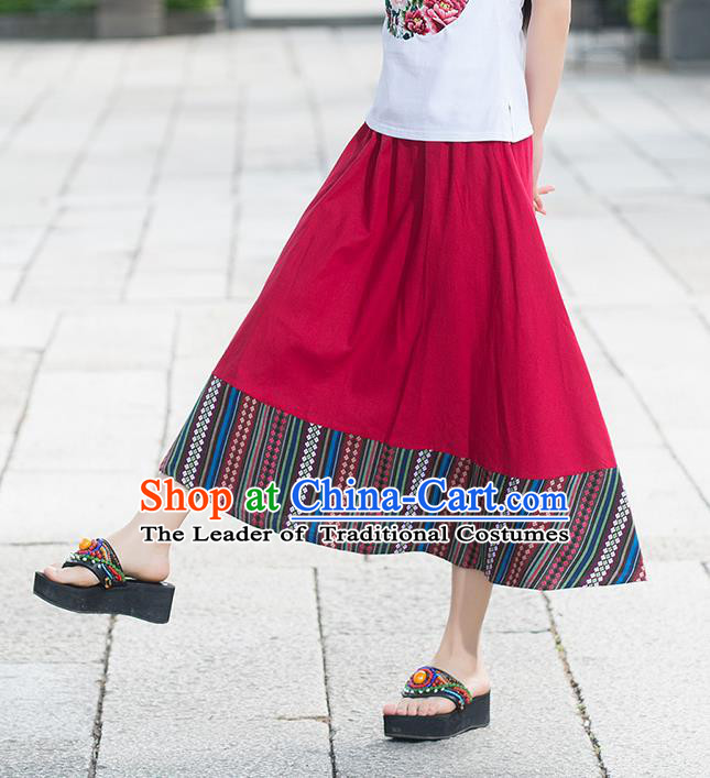 Traditional Ancient Chinese National Pleated Skirt Costume, Elegant Hanfu Flowers Long Red Skirt, China National Minority Tang Suit Big Swing Bust Skirt for Women