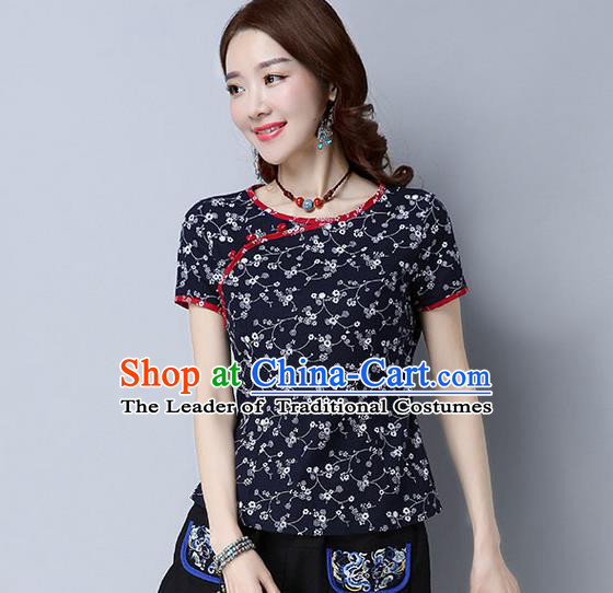 Traditional Chinese National Costume, Elegant Hanfu Flower Color Navy T-Shirt, China Tang Suit Republic of China Plated Buttons Blouse Cheongsam Upper Outer Garment Qipao Shirts Clothing for Women