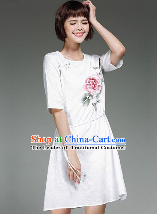 Traditional Ancient Chinese National Costume, Elegant Hanfu Printing White Dress, China Tang Suit Chirpaur Republic of China Plated Buttons Cheongsam Elegant Dress Clothing for Women