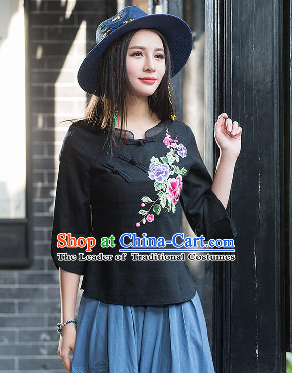 Traditional Chinese National Costume, Elegant Hanfu Embroidery Flowers Slant Opening Black Blouses, China Tang Suit Republic of China Plated Buttons Linen Blouse Cheongsam Upper Outer Garment Qipao Shirts Clothing for Women