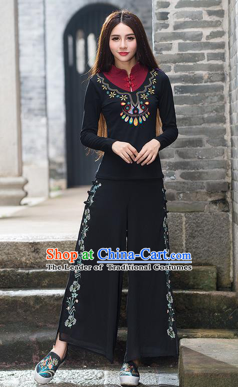 Traditional Chinese National Costume Loose Pants, Elegant Hanfu Embroidered Wide-leg Black Chiffon Trousers, China Ethnic Minorities Folk Dance Baggy Pants for Women