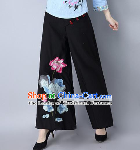 Traditional Chinese National Costume Loose Pants, Elegant Hanfu Embroidered Lotus Wide-leg Black Trousers, China Ethnic Minorities Folk Dance Baggy Pants for Women