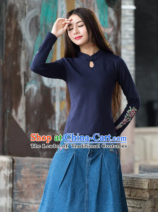 Traditional Chinese National Costume, Elegant Hanfu Embroidery Flowers Stand Collar Navy T-Shirt, China Tang Suit Republic of China Plated Buttons Blouse Cheongsam Upper Outer Garment Qipao Shirts Clothing for Women