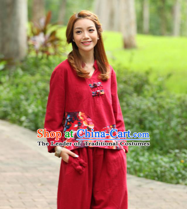 Traditional Chinese National Costume, Elegant Hanfu Joint Color Flowers Linen Red T-Shirt, China Tang Suit Plated Buttons Blouse Cheongsam Upper Outer Garment Qipao Shirts Clothing for Women