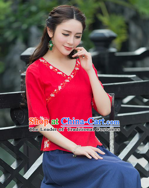 Traditional Chinese National Costume, Elegant Hanfu Embroidery Red Shirt, China Tang Suit Republic of China Blouse Cheongsam Upper Outer Garment Qipao Shirts Clothing for Women