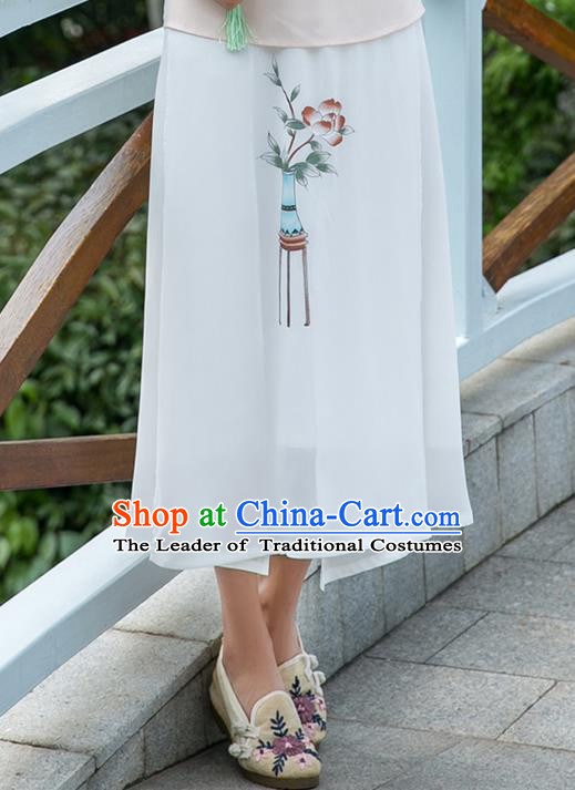 Traditional Ancient Chinese National Pleated Skirt Costume, Elegant Hanfu Hand Painting Flowers Long White Skirt, China Tang Suit Bust Skirt for Women